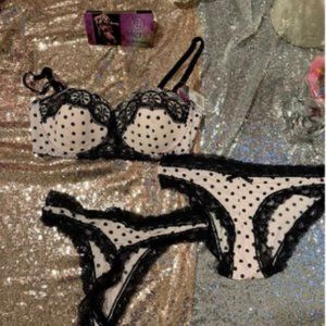 Polka Dot Push Up Bra, Bikini & Thong Panties Set